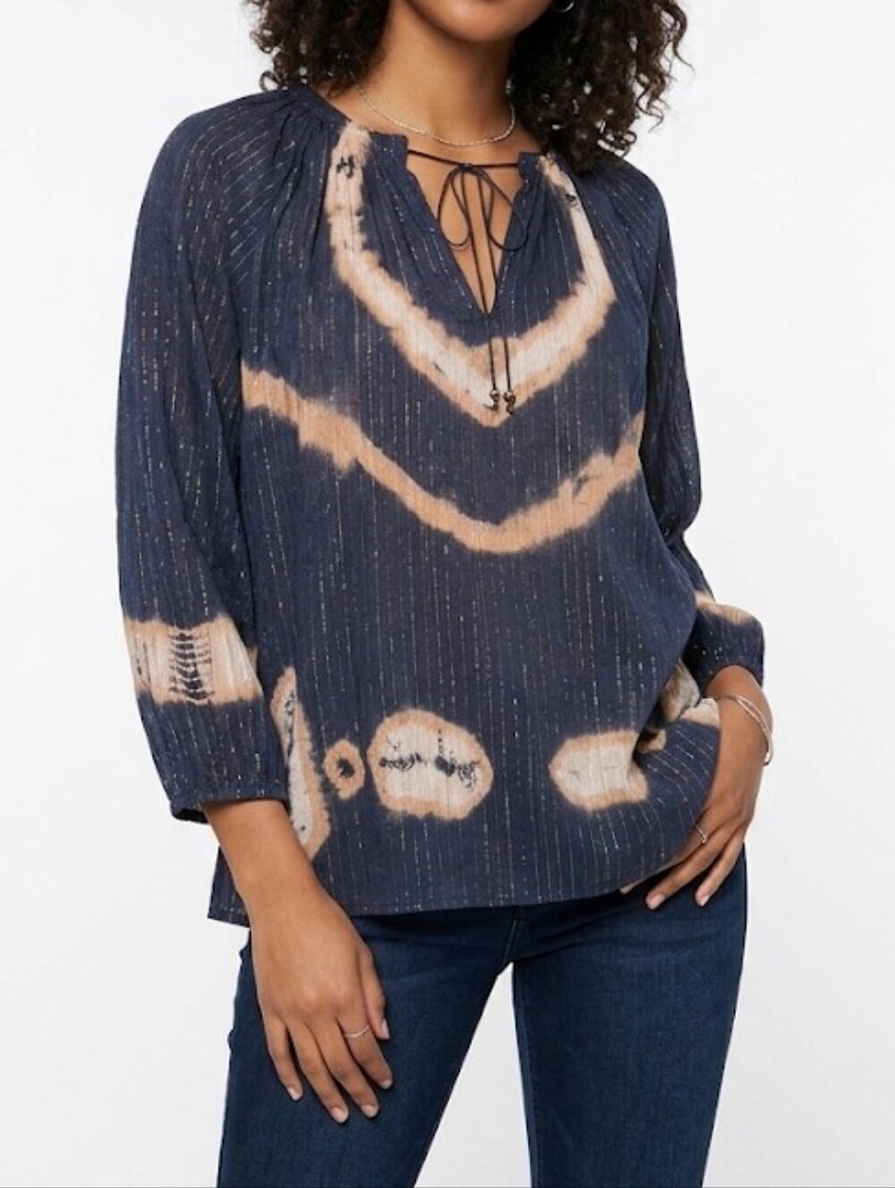 Low Profile Chicago Navy Boho Tie-Dye Metallic Peasant Tunic with Beige Accents